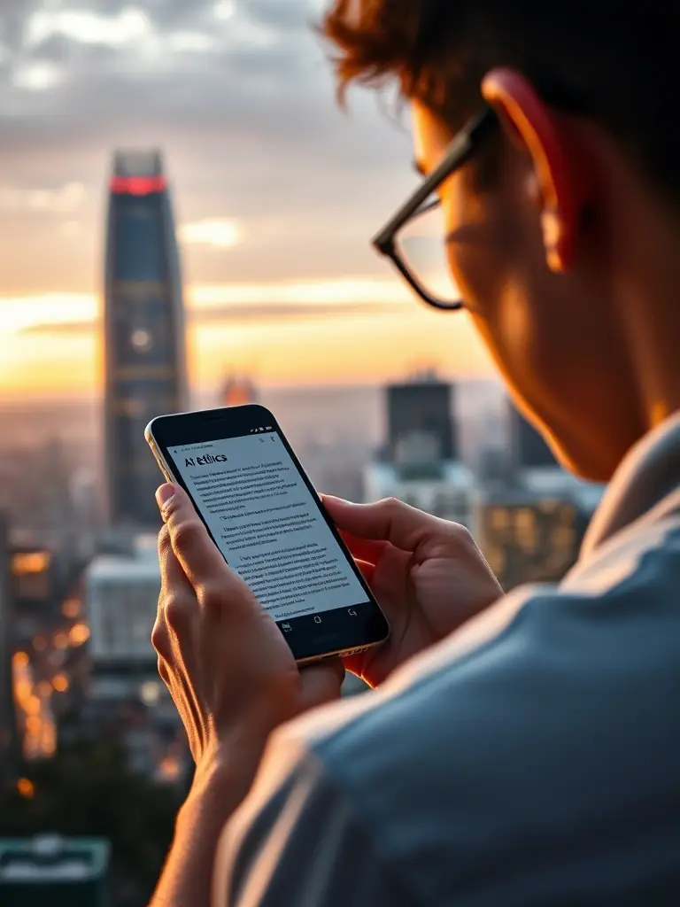 A person is reading an article about AI ethics on a smartphone, with a cityscape in the background, symbolizing the real-world implications and ethical considerations of AI technology.