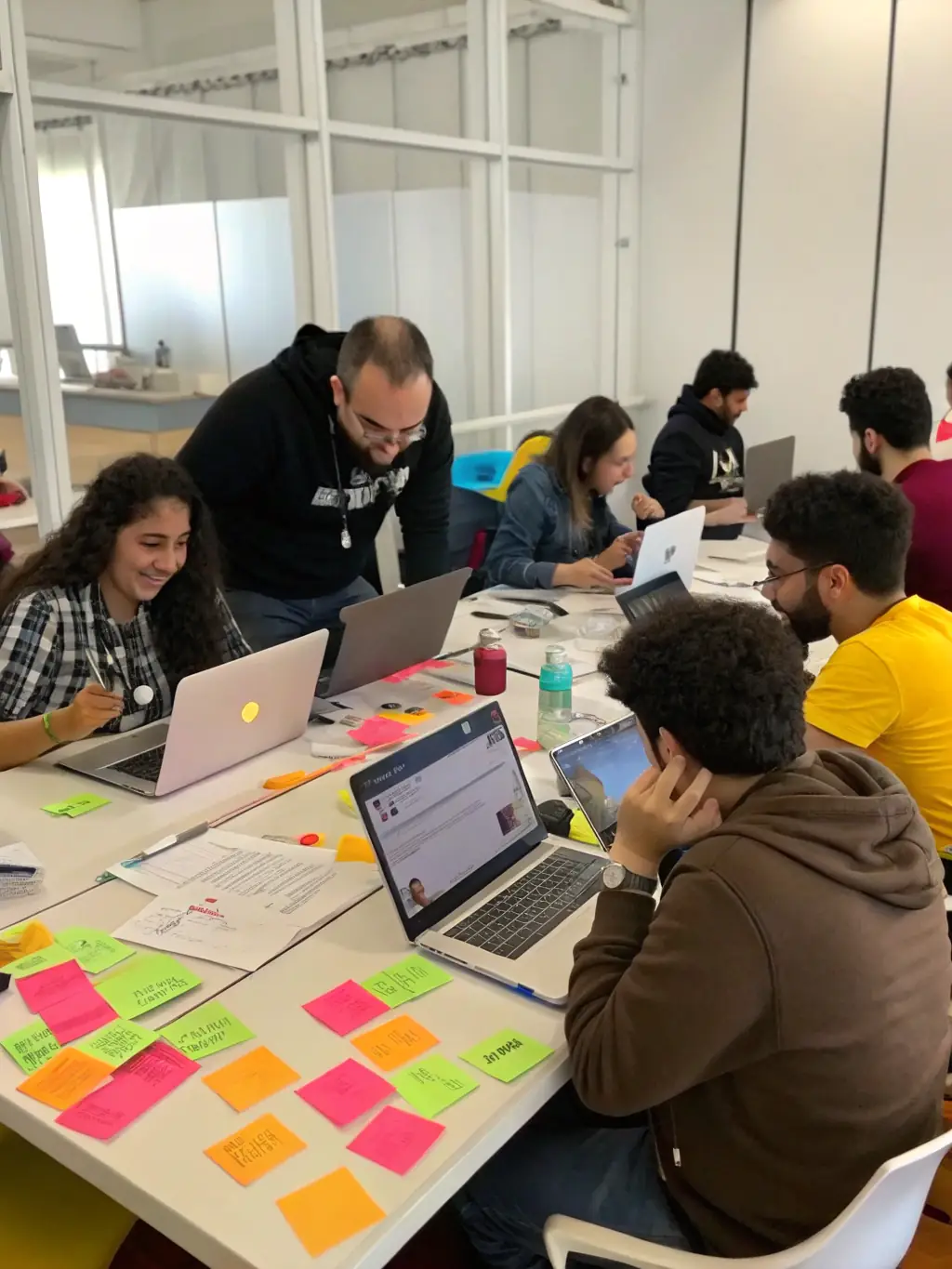 Participants engaging in a hands-on LLMOps Low Code Training session, working on real-world projects and collaborating to build AI-driven solutions, set in a tech-focused workshop environment.