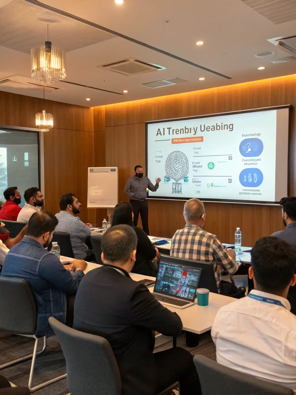 A group of people are participating in an AI workshop, with laptops and coding interfaces visible on their screens, indicating hands-on learning and collaborative problem-solving.