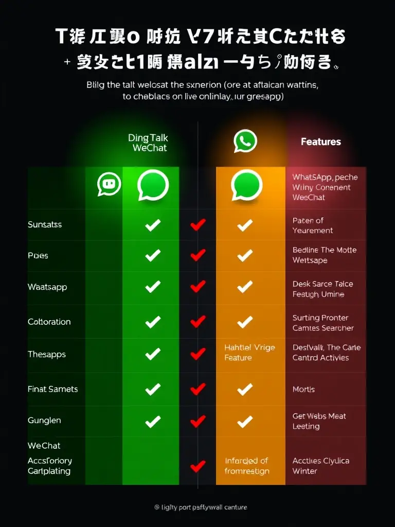 A comparison chart illustrating Dingtalk's features versus other communication apps like WeChat and WhatsApp, emphasizing its suitability for business communication in the context of AI training.