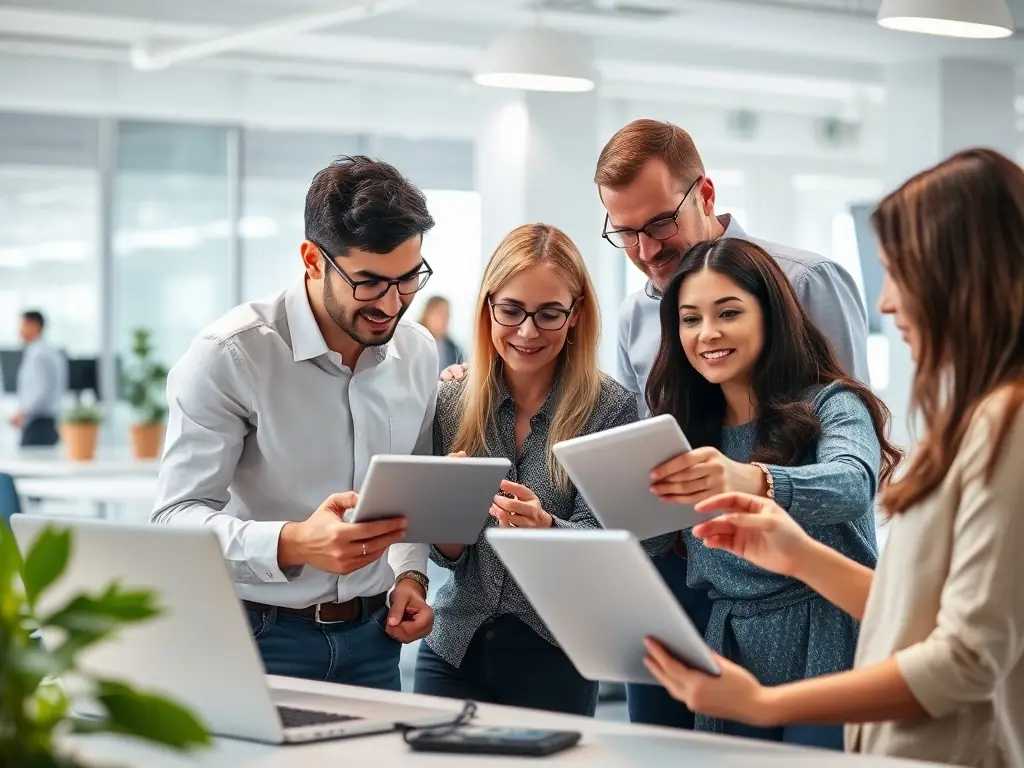 A digital illustration depicting a diverse team collaborating seamlessly on a project using Dingtalk on various devices, with AI icons subtly integrated into the background to represent the platform's intelligent features.