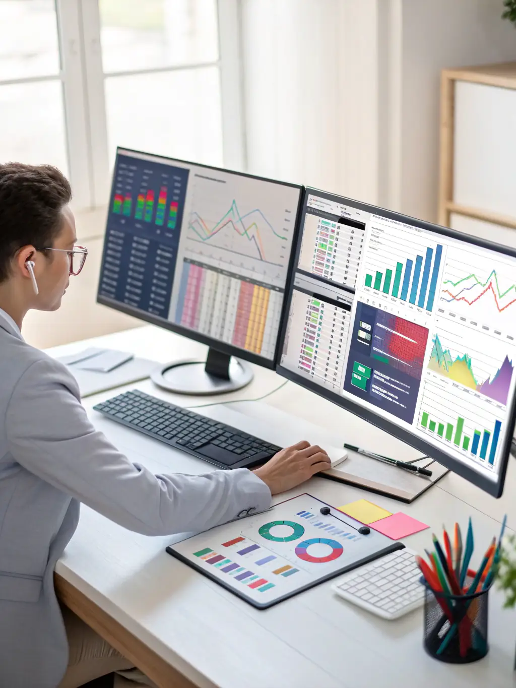 A professional workspace setup with multiple monitors displaying Dingtalk's interface, showcasing its organizational capabilities for managing online courses and student communications.
