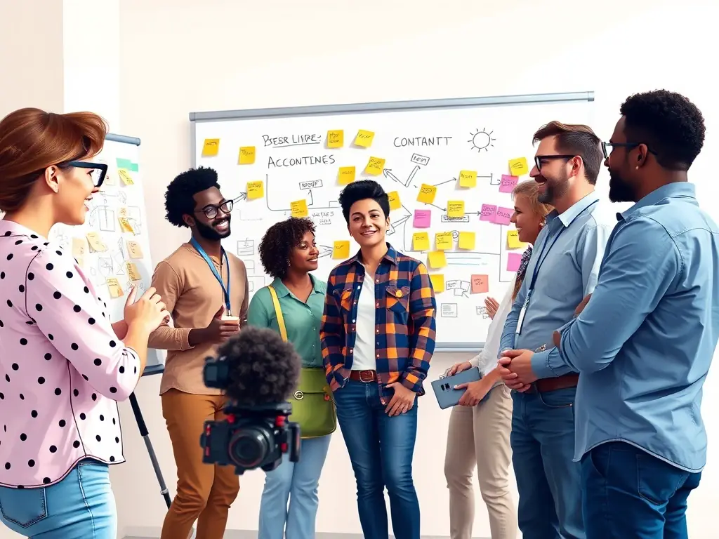 A digital illustration depicting a diverse team collaborating on a virtual whiteboard, brainstorming AI solutions using Dingtalk's smart collaboration tools. The scene is vibrant and energetic, symbolizing innovation and teamwork.