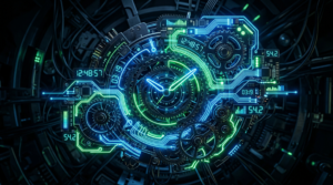 OpenClaw cron job automation - futuristic clock mechanism with digital circuits