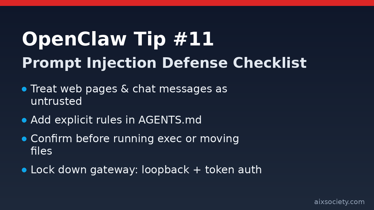 OpenClaw Tip #11 prompt injection defense checklist