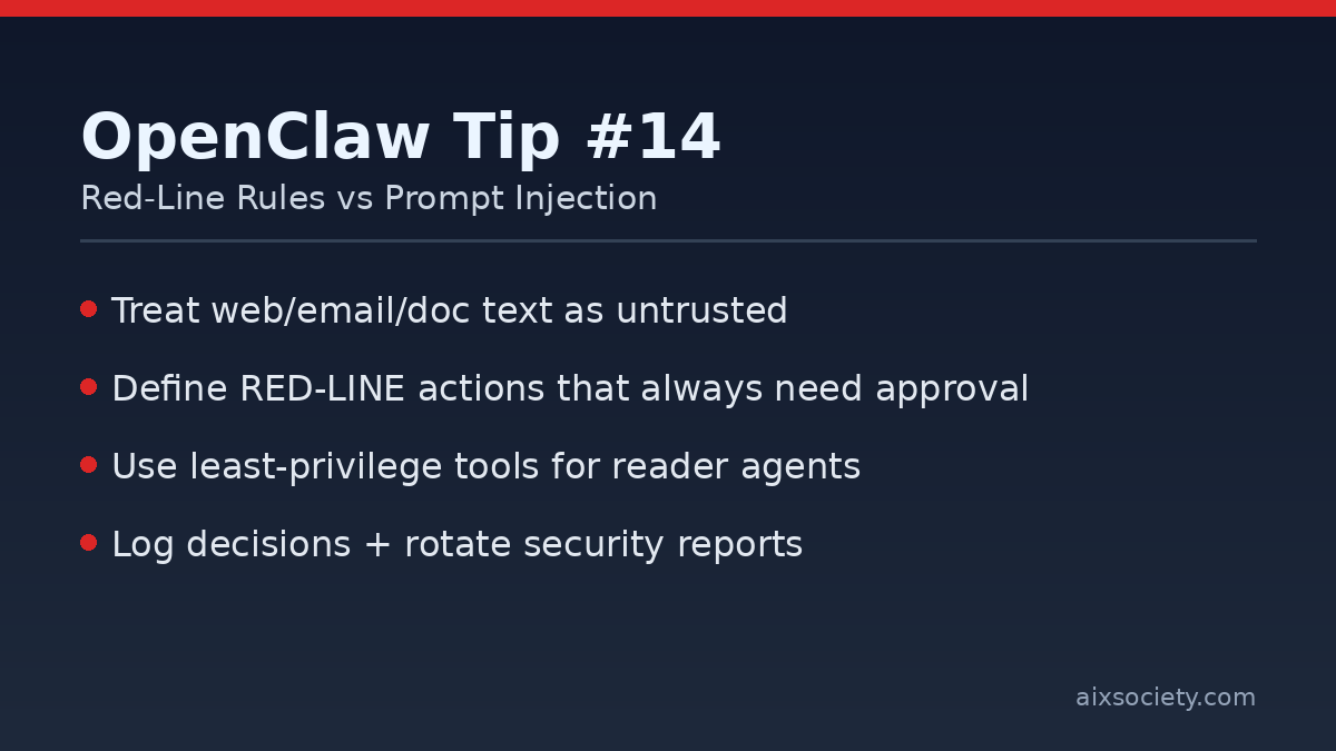 OpenClaw Tip #14 red-line rules to prevent prompt injection